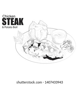 Hand drawn sketch Chicken steak. Isolated vector food  on white background