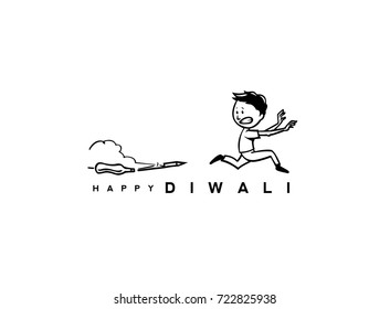 Hand drawn sketch child running from cracker  happy deepawali  happiness  celebration  hindu festival  vector illustration