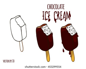 Hand drawn sketch chocolate ice cream set on the white background. Organic illustration. Eco food. Template Vector. business label shop