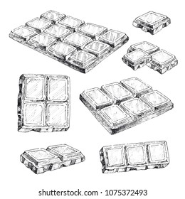 Hand drawn sketch chocolate isolated illustration. Dark chocolate illustration. Hand drawn set of different kinds of chocolate sketch style 