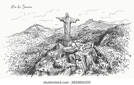 Hand drawn Sketch of Christ the Redeemer Statue in Rio de Janeiro from a Scenic Vista.