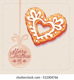 Hand drawn sketch of christmas cookie  on paper textured  background. Vector vintage line art illustration. Gingerbread heart. Merry christmas text.
