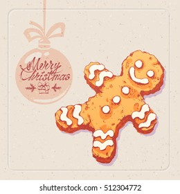 Hand drawn sketch of christmas cookie  on paper textured  background. Vector vintage line art illustration. Gingerbread man. Merry christmas text.
