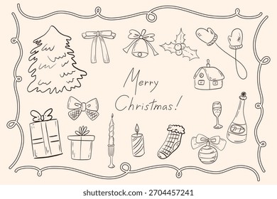 Handgezeichnete Skizze Weihnachtselemente Set. Retro Vintage Neujahrsparty. Wunderschöne Dekoration mit Weihnachtsessentials für Menüs und Einladungen. Kontur Kokette Vektorgrafik.
