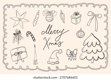 Hand drawn sketch Christmas elements set. Retro vintage new year party. Whimsical decor with Christmas essentials for menus and invitations. Contour coquette vector illustration.