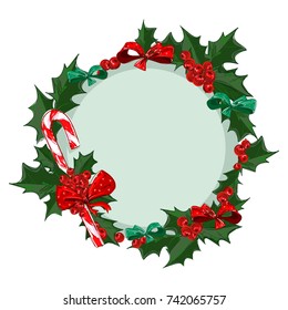 Hand drawn sketch christmas frame,  holly, candy cane and christmas decoration vector illustration. 
