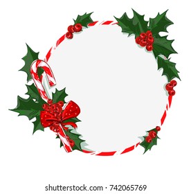 Hand drawn sketch christmas frame,  holly, candy cane and christmas decoration vector illustration. 