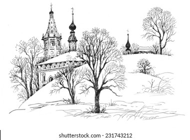 Hand drawn sketch of church and hill with trees on white background vector illustration