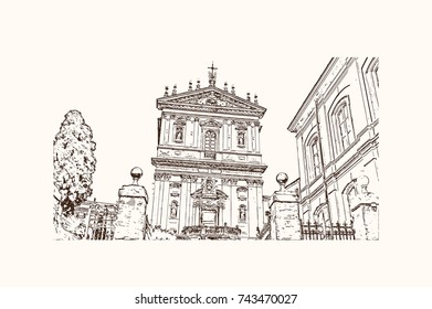 Hand drawn sketch of The Church of Santi Domenico e Sisto is one of the titular churches in Rome, Italy in vector illustration.