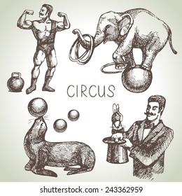 Dibujo manual de ilustraciones de circo y vectores de diversión. Iconos vintage