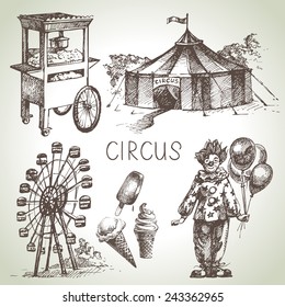 Hand drawn sketch circus and amusement vector illustrations. Vintage icons