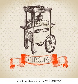 Hand drawn sketch circus and amusement vector illustration. Vintage background