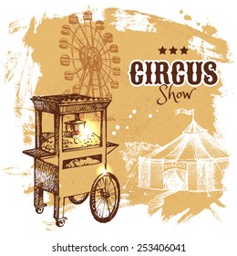 Hand drawn sketch circus and amusement vector illustration. Carnival vintage poster background