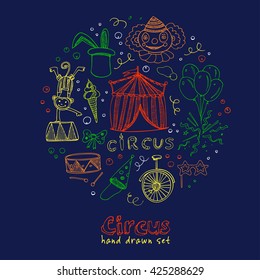 Hand drawn sketch circus icons. Vector illustration of circus for design and packages product.
