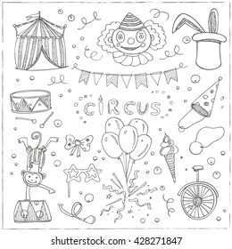 Hand drawn sketch circus icons. Vector illustration of circus for design and packages product.