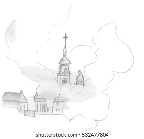 Hand drawn sketch of a city in the clouds illustration