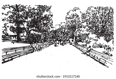 Hand drawn sketch of the city park with people. 