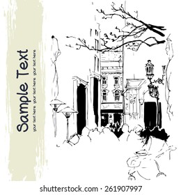 Hand drawn sketch of the city square, isolated on white background. Catholic church, street cafe with people silhouettes and tree brunches in old european town. Novi Sad, Serbia