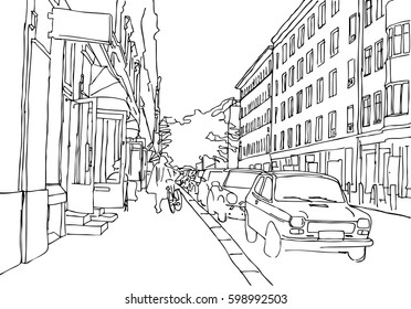 Hand drawn sketch. City vector illustration. Coloring page in doodle, cartoon style