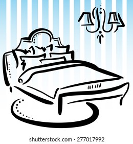 Hand drawn sketch with classic bed, pillows blanket and chandelier on the white background with blue stripes.