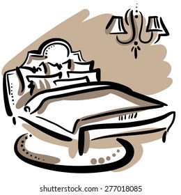Hand drawn sketch with classic bed, pillows blanket and chandelier on the white background.