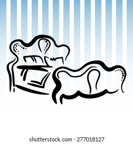 Hand drawn sketch with classic bed, pillows and blanket on the white background with blue stripes.