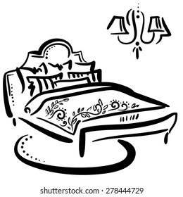 Hand drawn sketch with classic bed, pillows, blanket with floral ornament and chandelier on the black background.