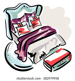 Hand drawn sketch with classic bed, pillows, blanket on the white background.