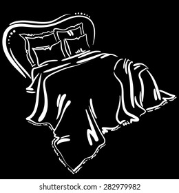 Hand drawn sketch with classic bed, pillows, blanket on the black background.