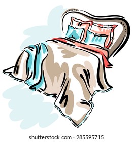 Hand drawn sketch with classic bed, blue pillows, blanket on the white background.