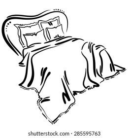 Hand drawn sketch with classic bed, pillows, blanket on the black background.