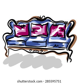 Hand drawn sketch of a classic blue couch with pink pillows. Elegant furniture.