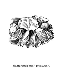 Hand drawn sketch of Classic French Nicoise salad on a white background. French cuisine. Food. Meals. 