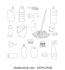 Hand drawn sketch cleaning objects collection. Vector isolated cleaning products set.