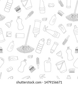 Hand drawn sketch cleaning objects seamless. Vector isolated cleaning products pattern.