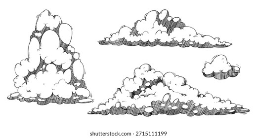 Handgezeichnete Skizzenwolken einzeln auf weißem Hintergrund. Vektorgrafik von Wolkenzeichnung, Wettervorhersage oder Klimawandel Präsentation Design-Elemente, Linie Kunst Wolkenlandschaft, Traumsymbol