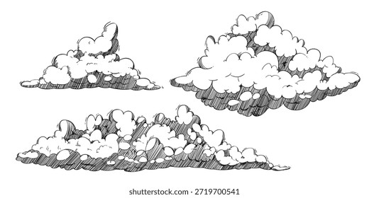 Nubes dibujadas a mano del bosquejo aisladas en el fondo blanco. Ilustración vectorial de dibujo de cielo nublado, pronóstico de Clima o Elementos de diseño de presentación de cambio climático, paisaje de nubes de arte lineal, símbolo de sueño