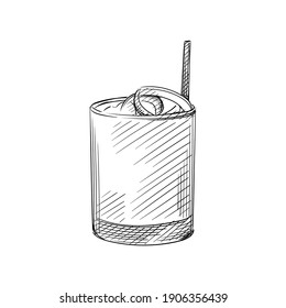 Hand drawn sketch of Cocktail drink in rocks glass with a straw on a white background. Cocktail drinks. Drinks in cocktail glasses. Alcohol beverages