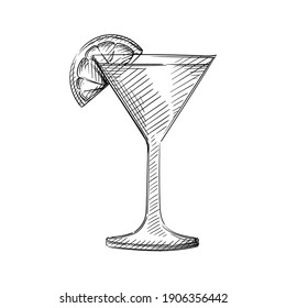 Hand drawn sketch of Cocktail drink in martini glass with lemon on a white background. Cocktail drinks. Drinks in cocktail glasses. Alcohol beverages