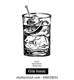 Hand drawn sketch cocktail gin tonic vintage isolated object. Vector illustration