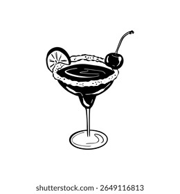 Hand drawn sketch cocktail glass vector illustration. Margarita drink doodle icon drawing. Frozen alcohol beverage with lemon slice and cherry. Martini with ice. Vintage bar menu. Coquette girly party