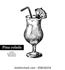 Hand drawn sketch cocktail pina colada vintage isolated object. Vector illustration