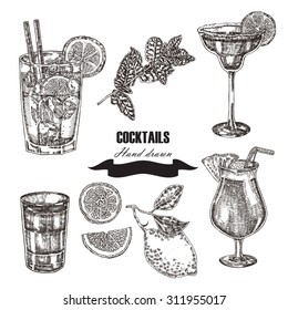 Hand drawn sketch cocktail set. Vector illustration