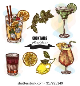 Hand drawn sketch cocktail set. Vector illustration