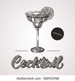 Hand drawn sketch cocktail with text. Vector illustration