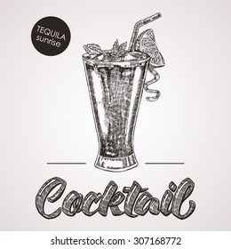 Hand drawn sketch cocktail with text. Vector illustration