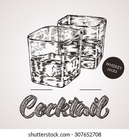 Hand drawn sketch cocktail with text. Vector illustration