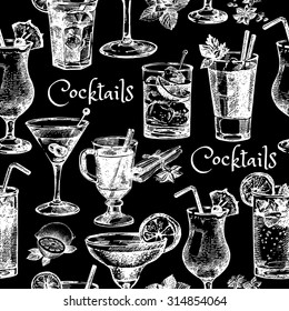 Hand drawn sketch cocktails seamless pattern