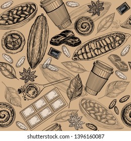 Hand drawn sketch Cocoa beans and chocolate seamless pattern
