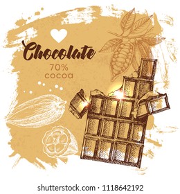 Hand drawn sketch cocoa chocolate product background. Vintage vector illustration of natural healthy sweet food